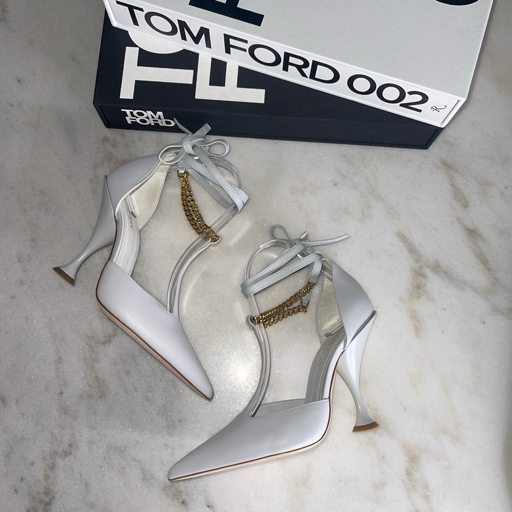 Burberry Welton Gray T Strap Pointed Toe with Chain Ankle Tie Pump